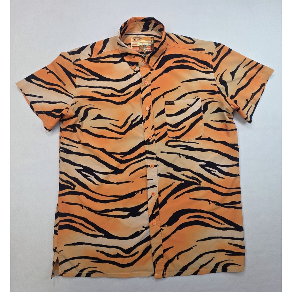 Retro Rifle Shirt Mens Large Orange Tiger Print Button Up Short Sleeve Stretch
